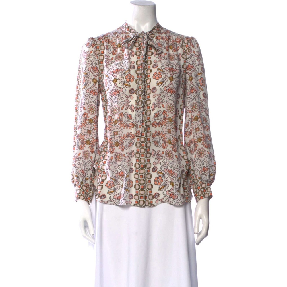 Tory Burch Kia Bow Blouse Hicks Garden Silk Tie Neck Geometric Floral Tile Print